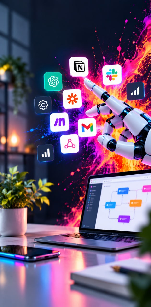 Main robotisée entourée d’icônes d’outils d’automatisation